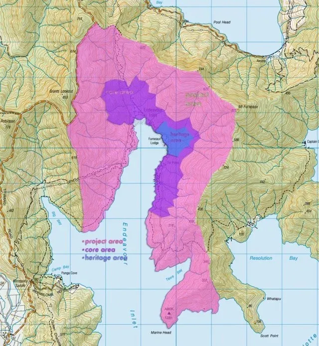 Map of Endeavour Inlet showing the Trust's areas of operation
